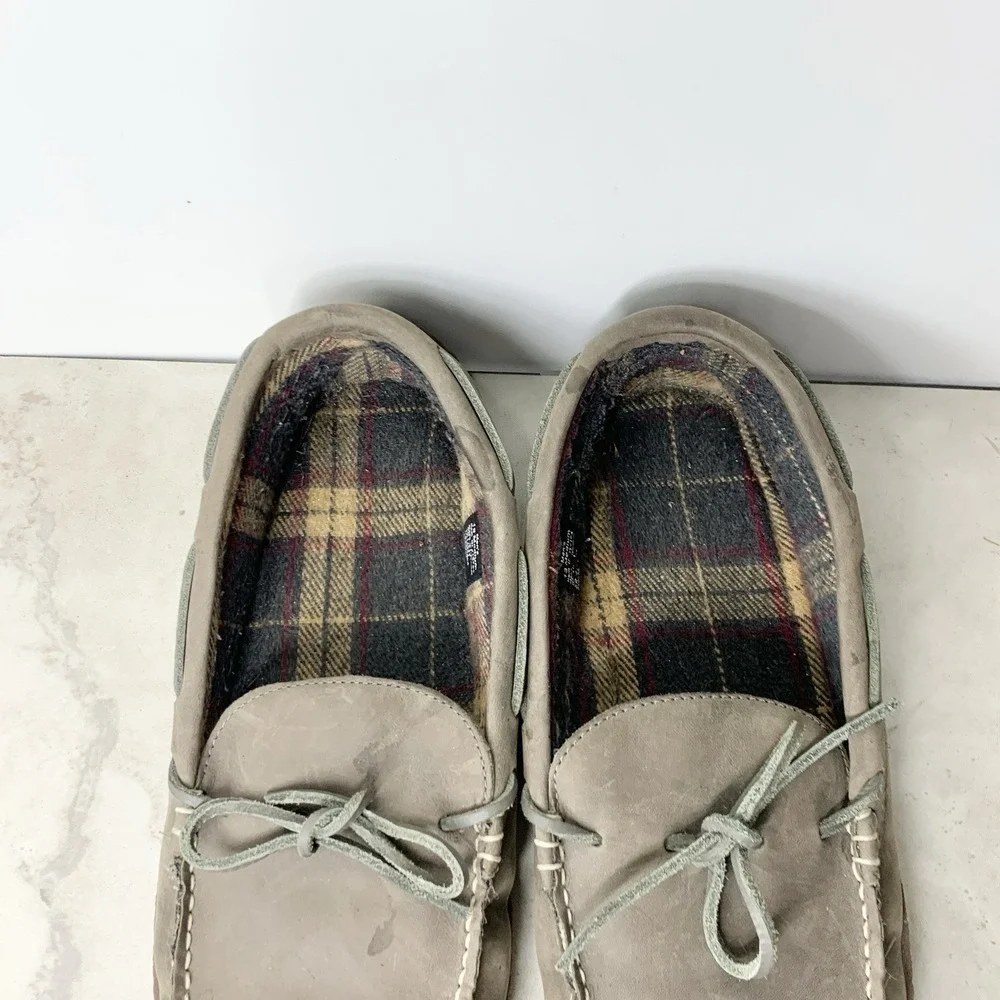 LL Bean Slippers Men Size 13 Shoes Gray Leather Flannel Lined Moccasins Slip On